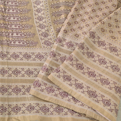 Sanskriti Vintage Cream Sarees Pure Satin Silk Woven Premium Sari Craft Fabric