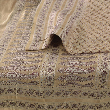 Sanskriti Vintage Cream Sarees Pure Satin Silk Woven Premium Sari Craft Fabric