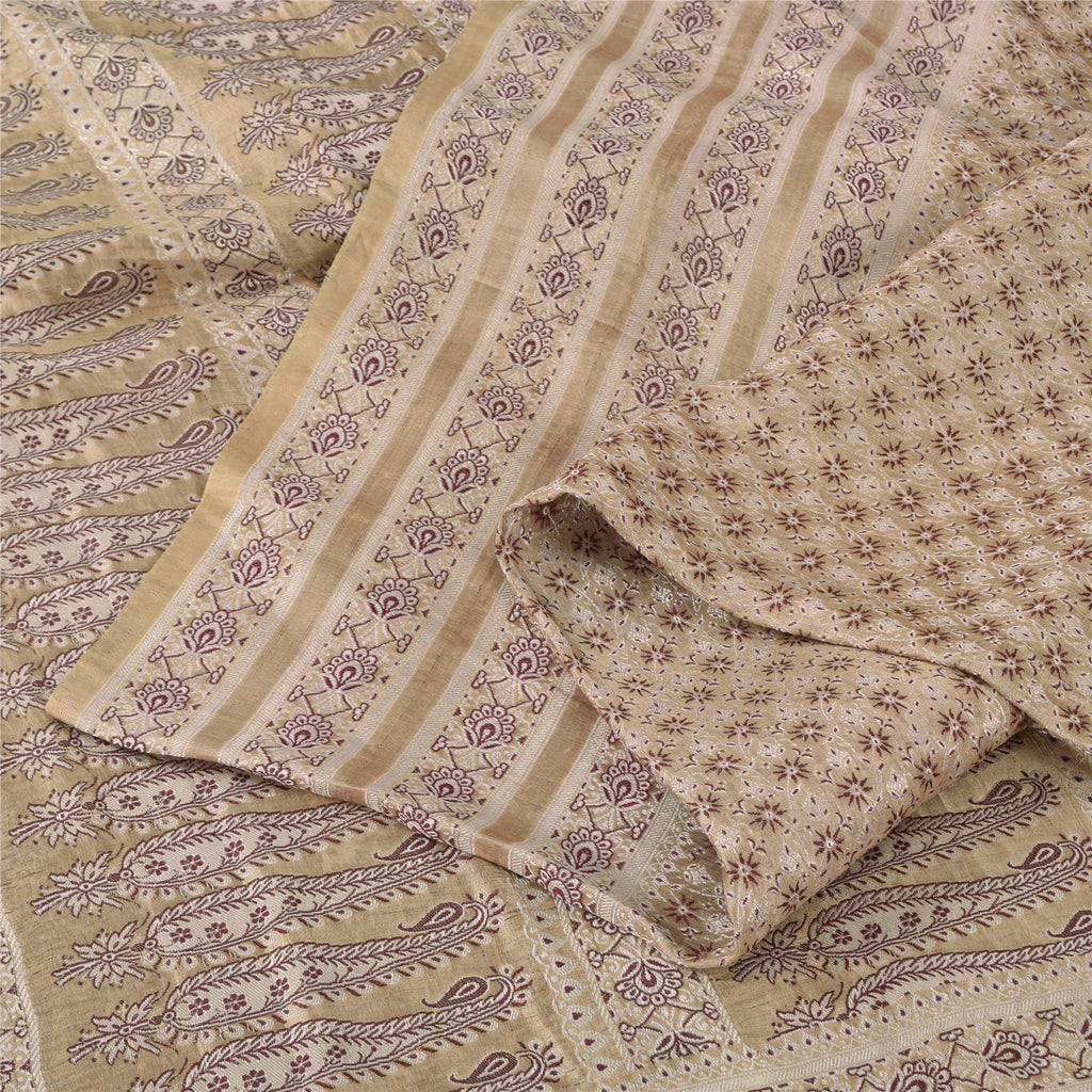 Sanskriti Vintage Cream Sarees Pure Satin Silk Woven Premium Sari Craft Fabric