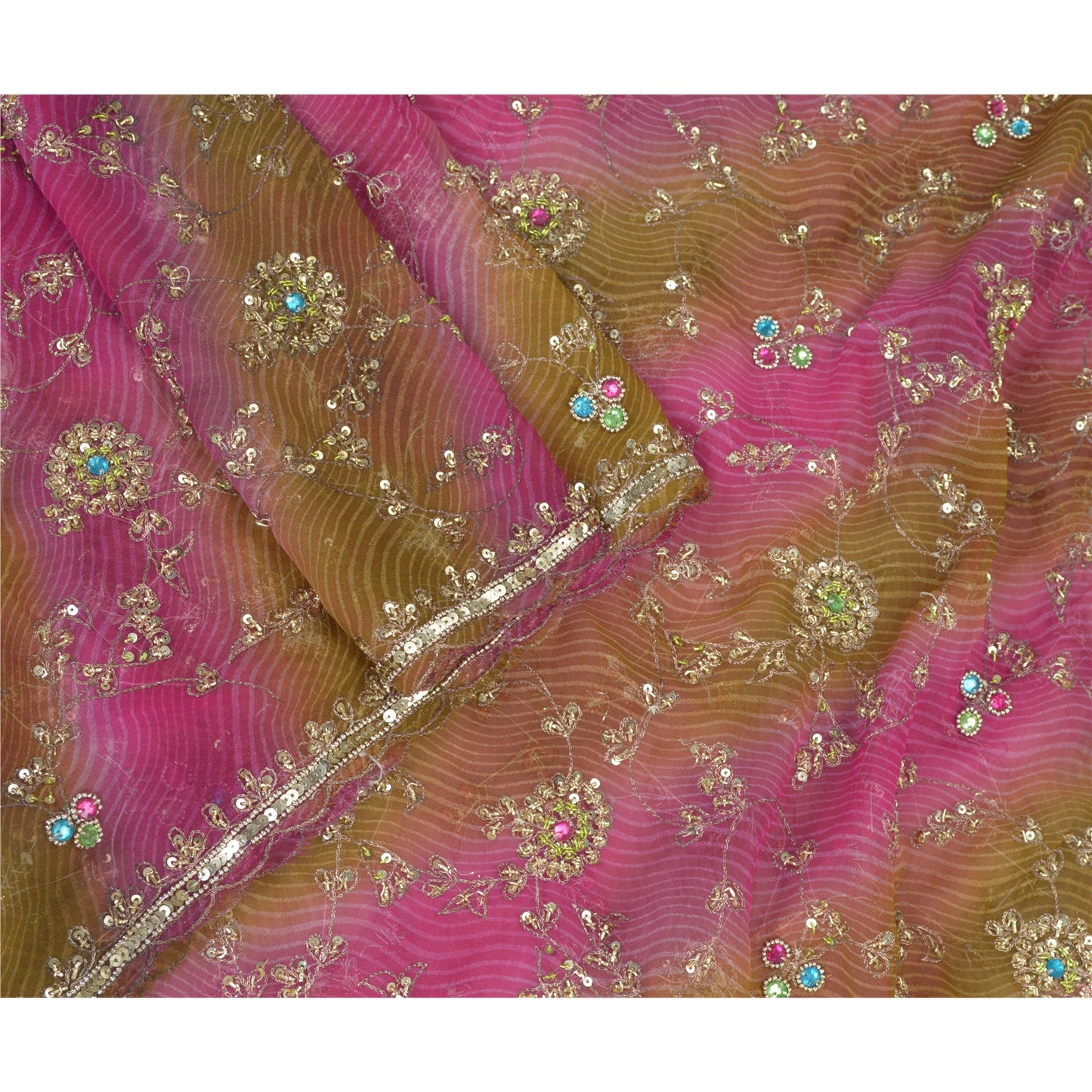 Sanskriti Vintage Dupatta Long Stole Pure Georgette SIlk Pink Hand Beaded Veil