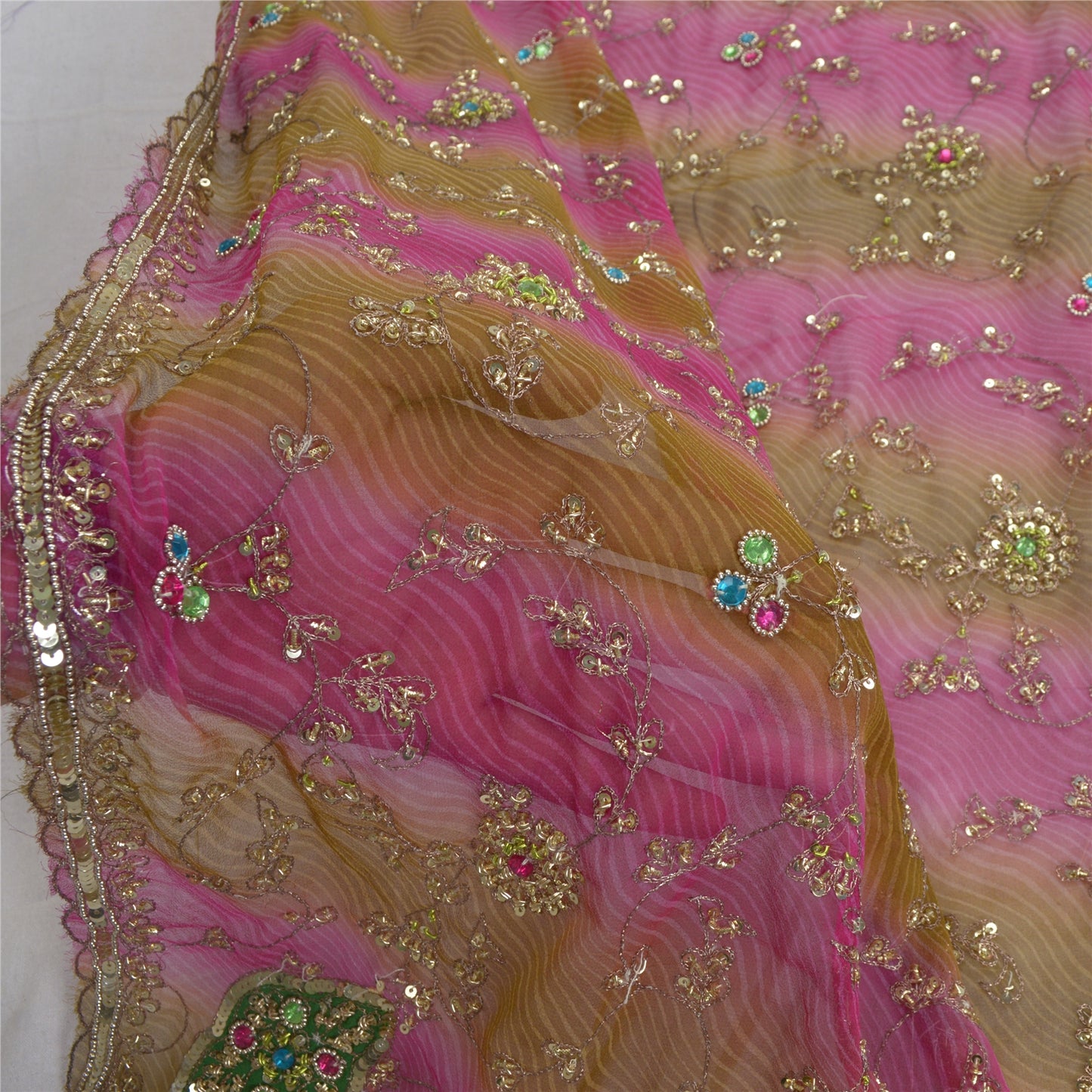 Sanskriti Vintage Dupatta Long Stole Pure Georgette SIlk Pink Hand Beaded Veil