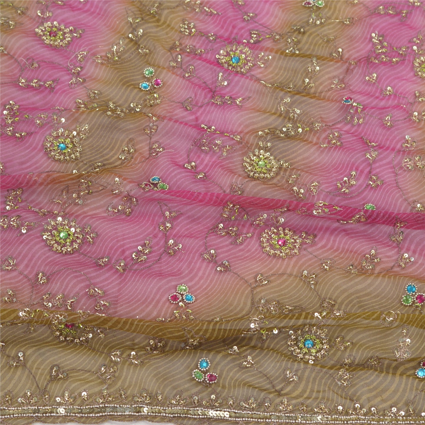 Sanskriti Vintage Dupatta Long Stole Pure Georgette SIlk Pink Hand Beaded Veil