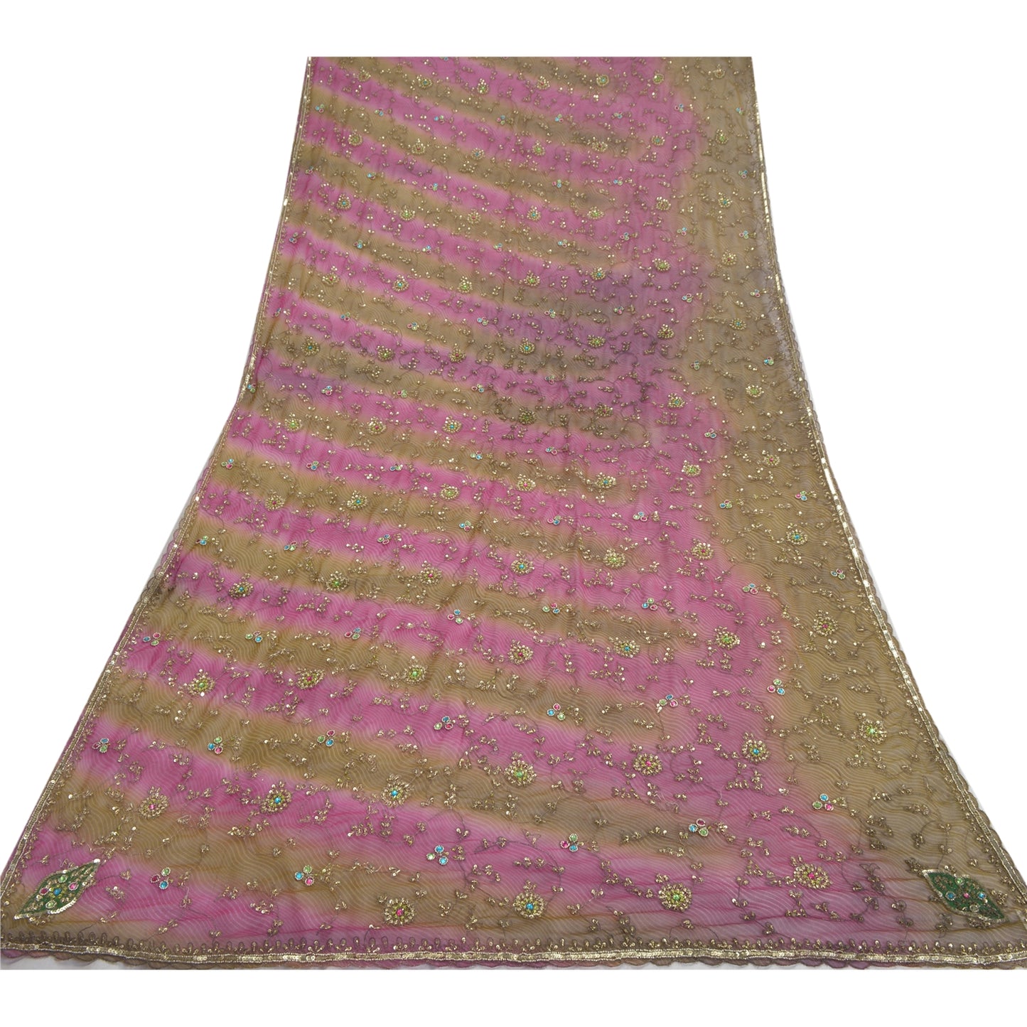 Sanskriti Vintage Dupatta Long Stole Pure Georgette SIlk Pink Hand Beaded Veil