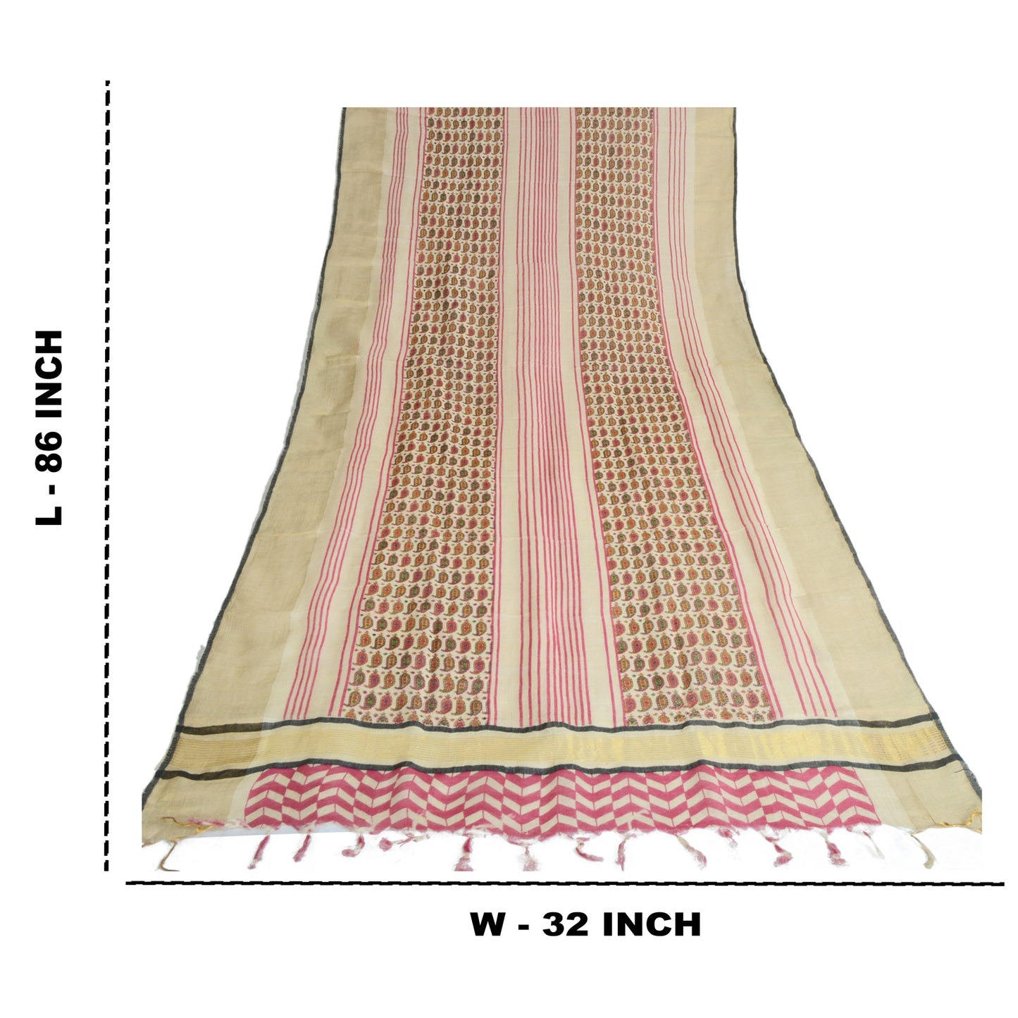 Sanskriti Vintage Ivory Long Dupatta Stole Pure Cotton Hijab Printed Wrap Veil