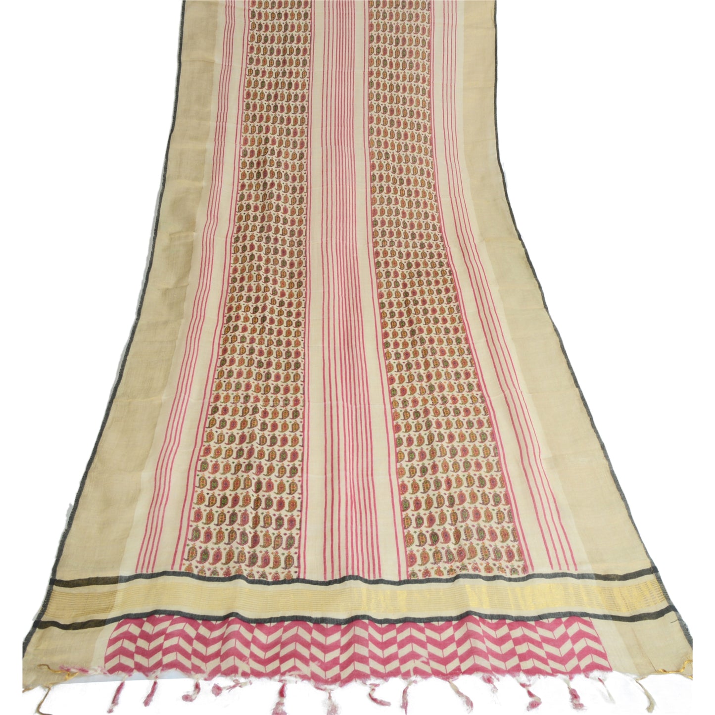 Sanskriti Vintage Ivory Long Dupatta Stole Pure Cotton Hijab Printed Wrap Veil