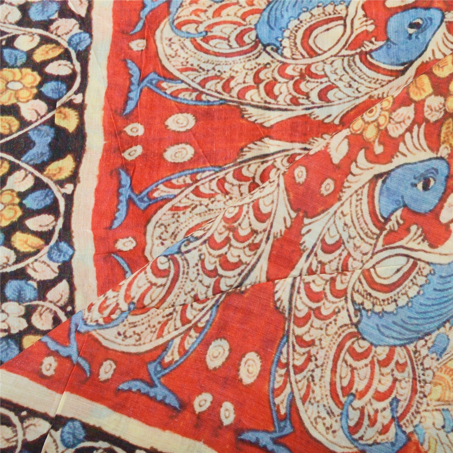 Sanskriti Vintage Dupatta Long Stole Red Pure Cotton Peacock Kalamkari Scarves