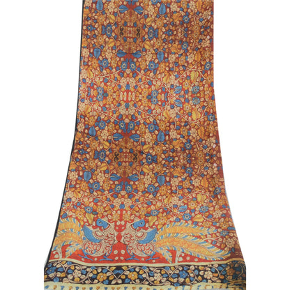 Sanskriti Vintage Dupatta Long Stole Red Pure Cotton Peacock Kalamkari Scarves