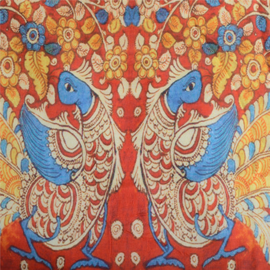 Sanskriti Vintage Dupatta Long Stole Red Pure Cotton Peacock Kalamkari Scarves