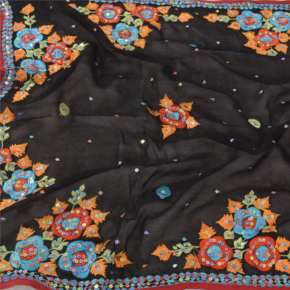 Sanskriti Vintage Black Long Dupatta/Stole Pure Georgette Silk Hand Beaded Veil