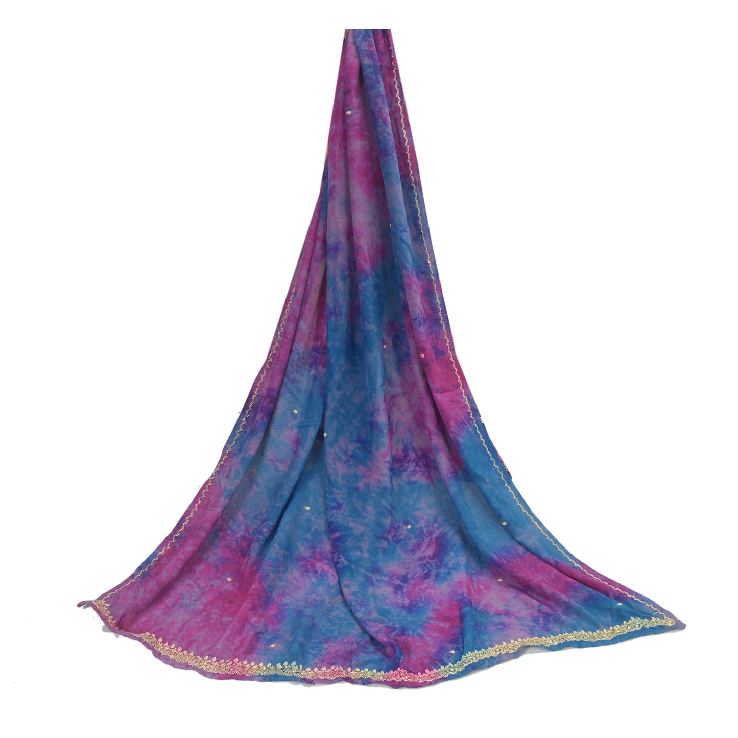 Sanskriti Vintage Blue/Pink Dupatta Long Stole Pure Crepe Silk Handmade Tie-Dye