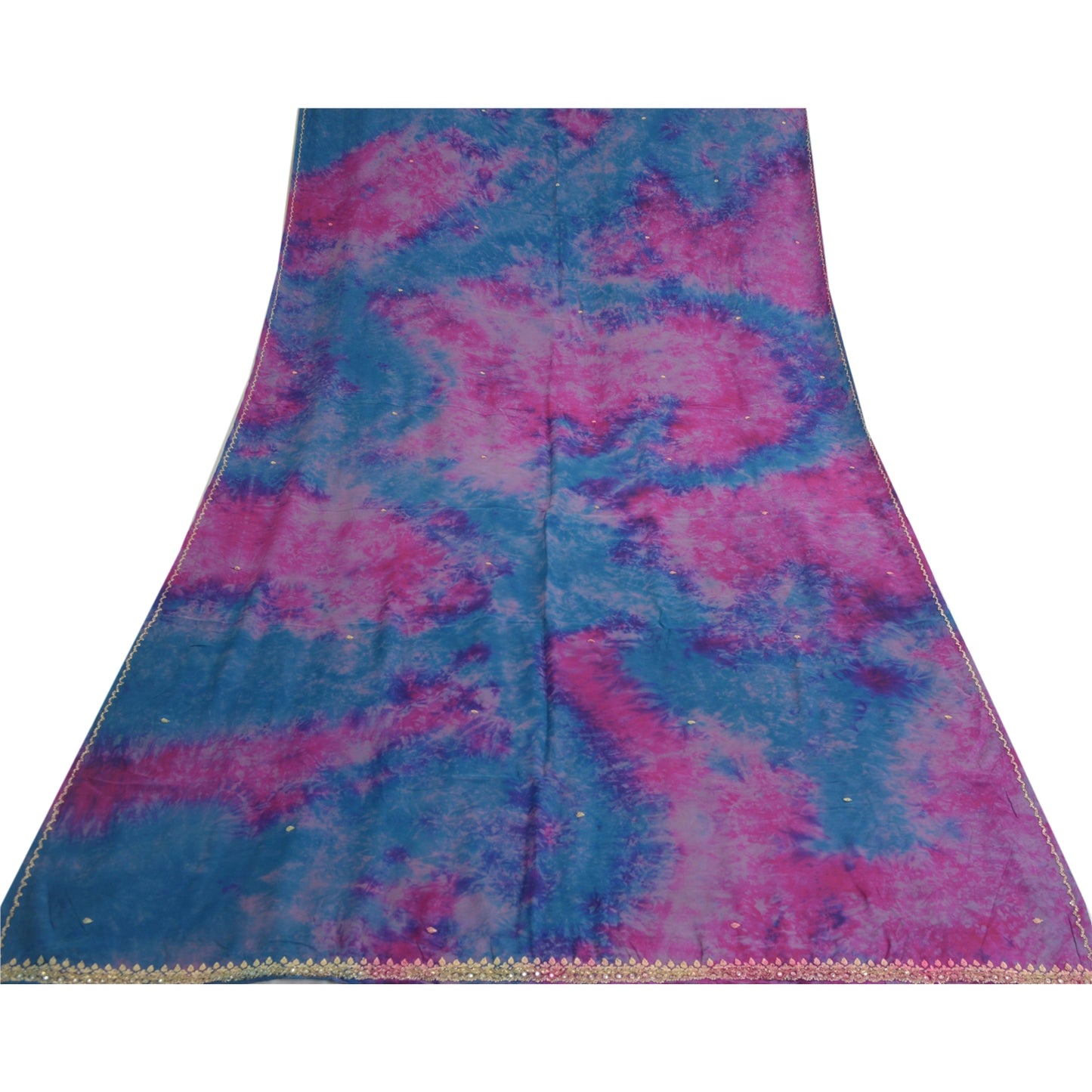 Sanskriti Vintage Blue/Pink Dupatta Long Stole Pure Crepe Silk Handmade Tie-Dye