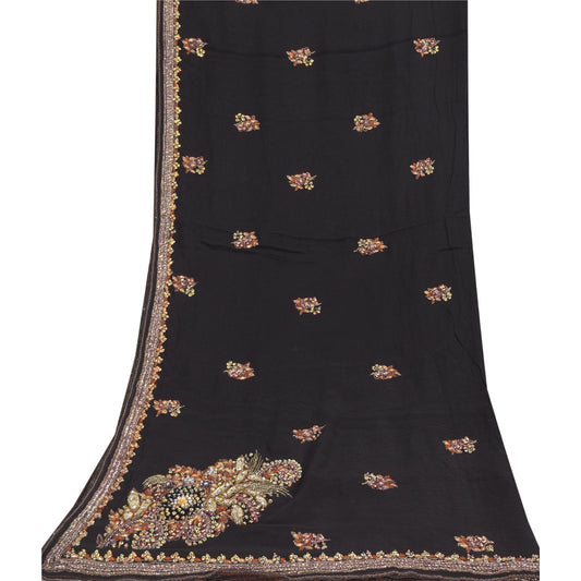 Sanskriti Vintage Black Dupatta Long Stole Pure Chiffon Silk Hand Beaded Scarves