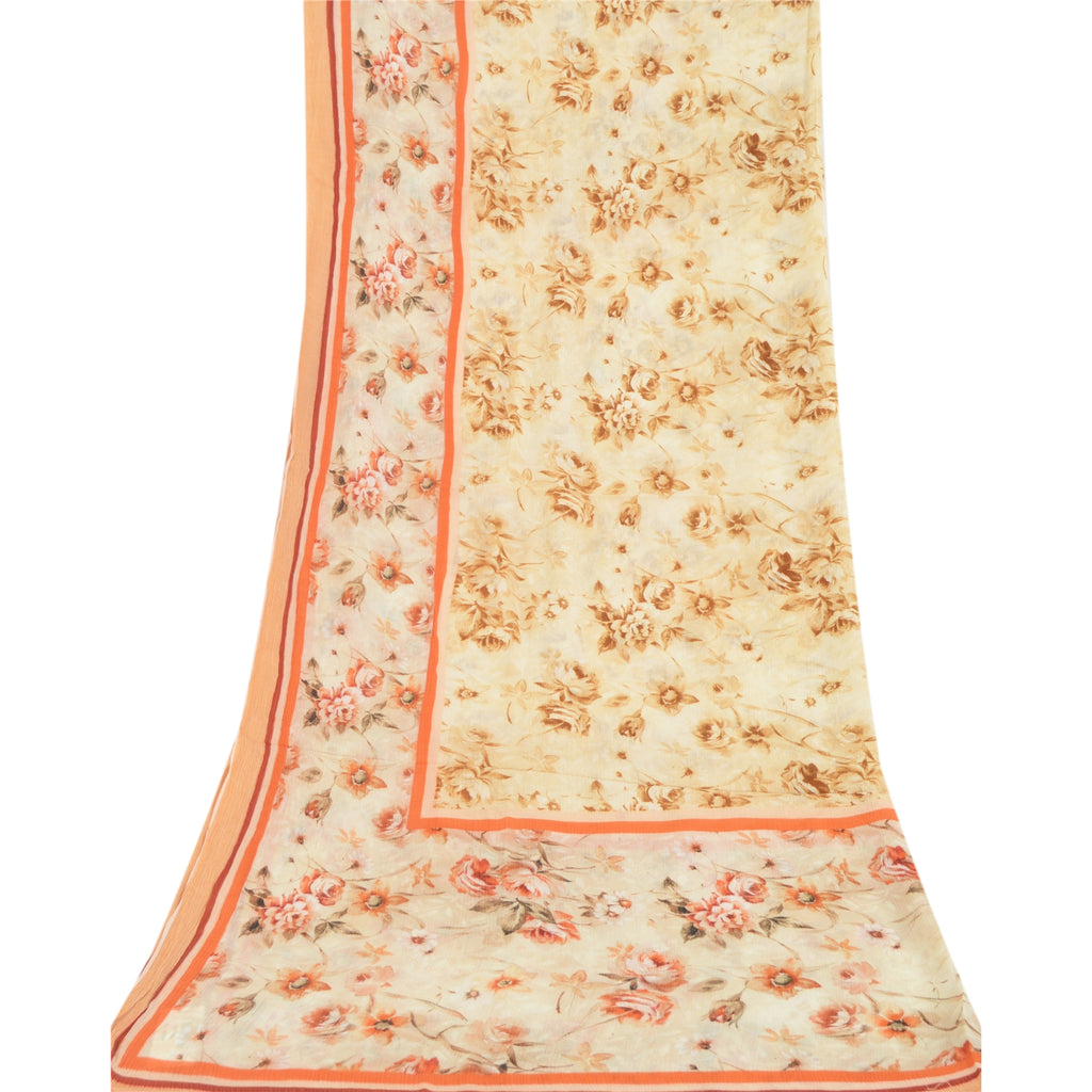 Sanskriti Vintage Ivory Long Dupatta Stole Pure Chiffon Hijab Printed wrap Veil