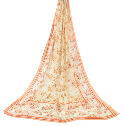 Sanskriti Vintage Ivory Long Dupatta Stole Pure Chiffon Hijab Printed wrap Veil