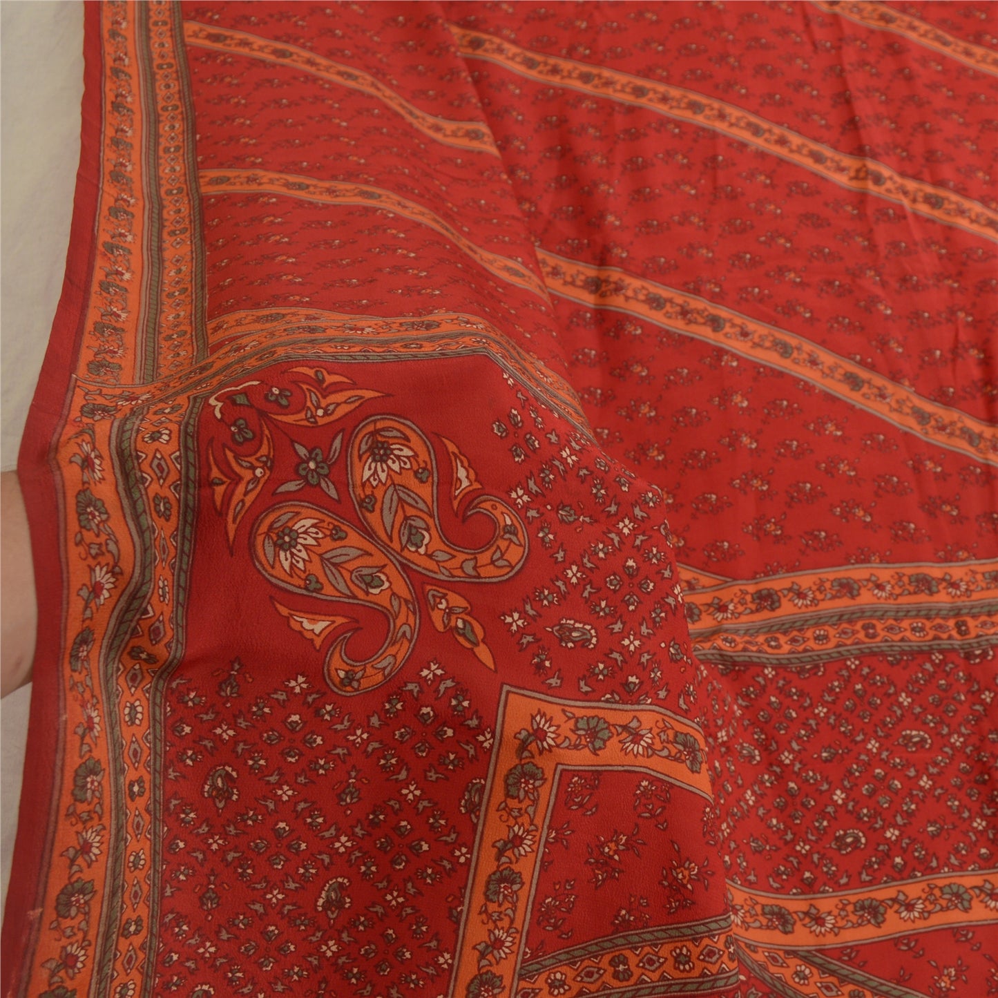 Sanskriti Vintage Dark Red Long Dupatta/Stole Pure Crepe Silk Printed Hijab