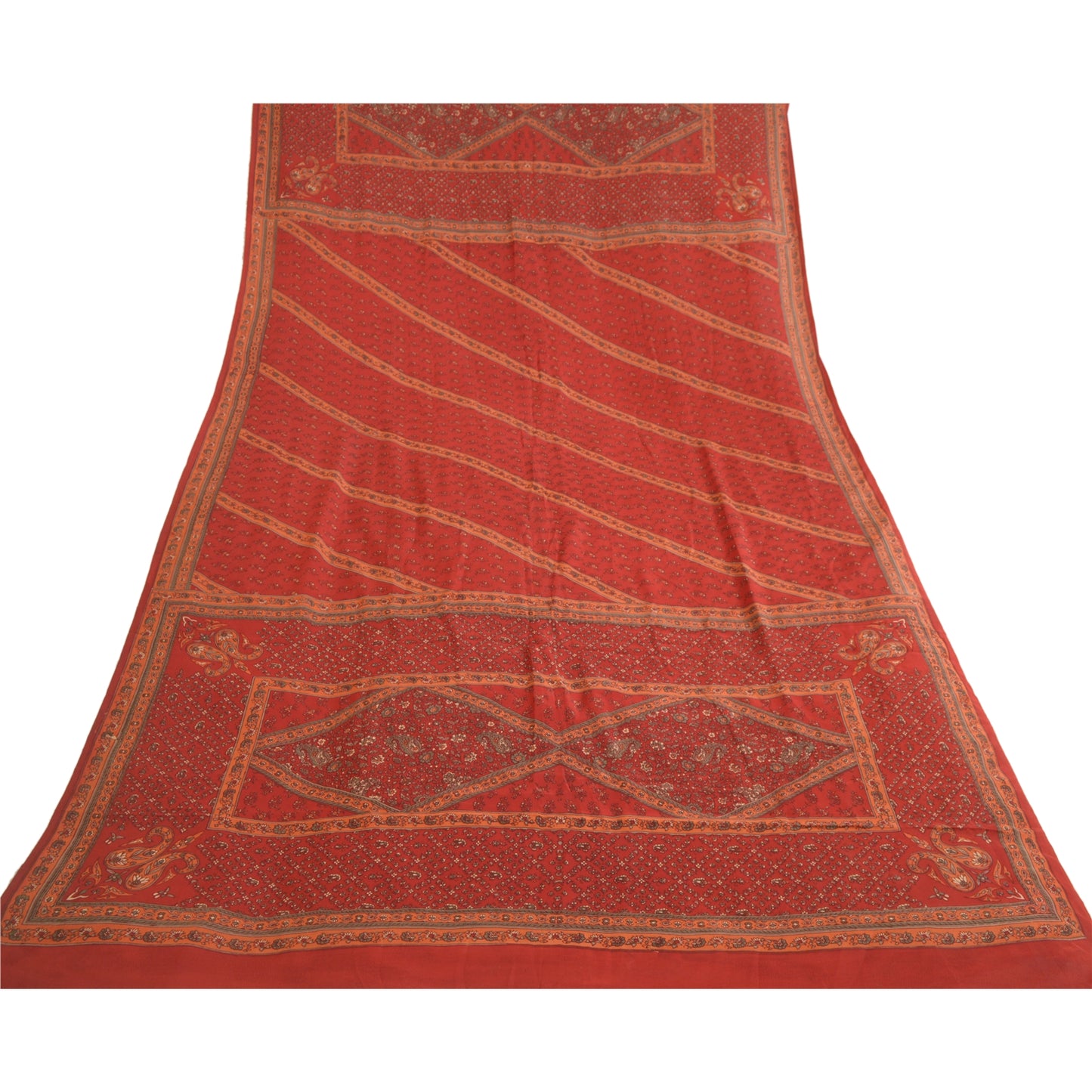 Sanskriti Vintage Dark Red Long Dupatta/Stole Pure Crepe Silk Printed Hijab