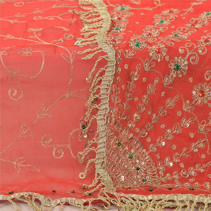 Sanskriti Vintage Long Red Dupatta/Stole Georgette Hand Beaded Premium Wrap Veil