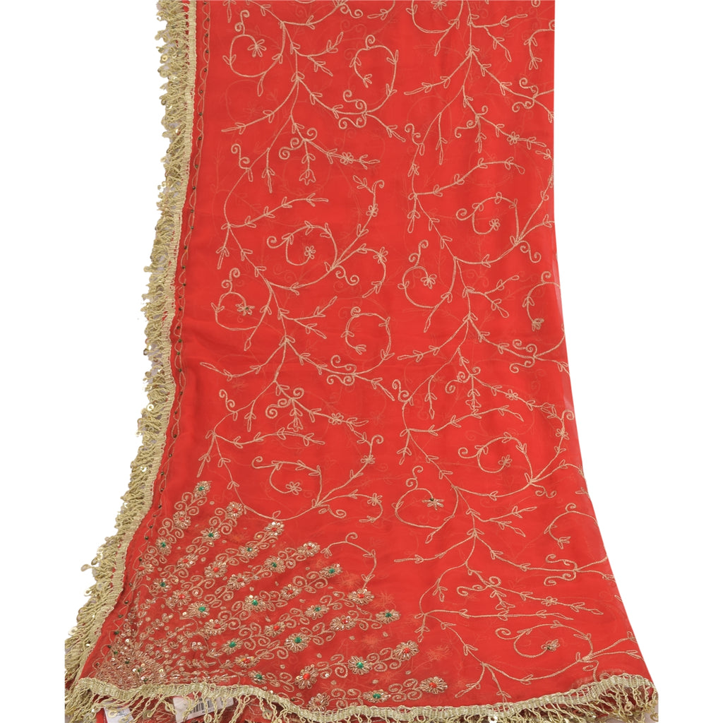 Sanskriti Vintage Long Red Dupatta/Stole Georgette Hand Beaded Premium Wrap Veil