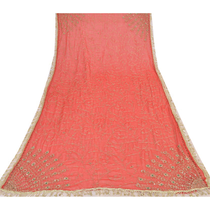 Sanskriti Vintage Long Red Dupatta/Stole Georgette Hand Beaded Premium Wrap Veil