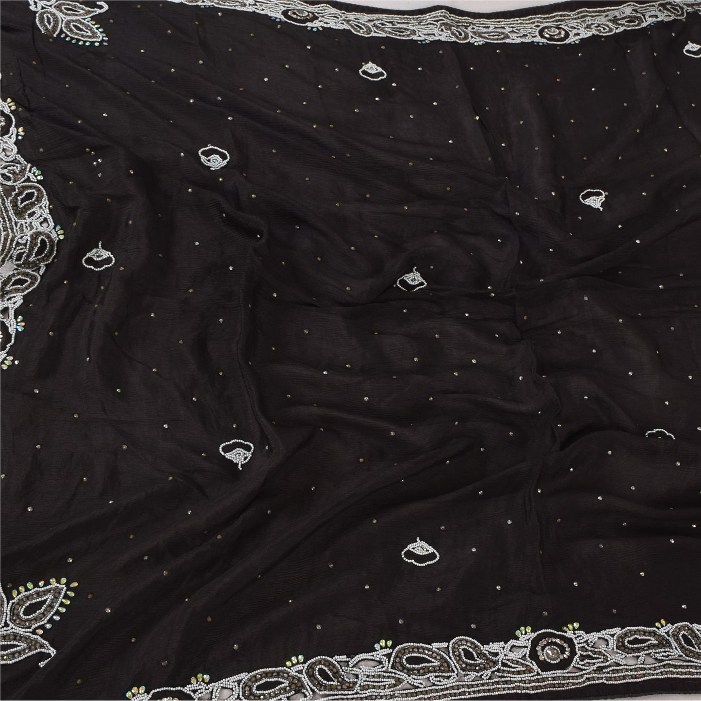 Sanskriti Vintage Black Long Dupatta Stole Pure Silk Hand Beaded Premium Scarves