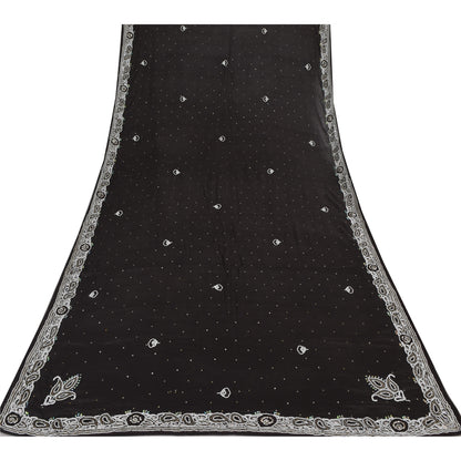 Sanskriti Vintage Black Long Dupatta Stole Pure Silk Hand Beaded Premium Scarves