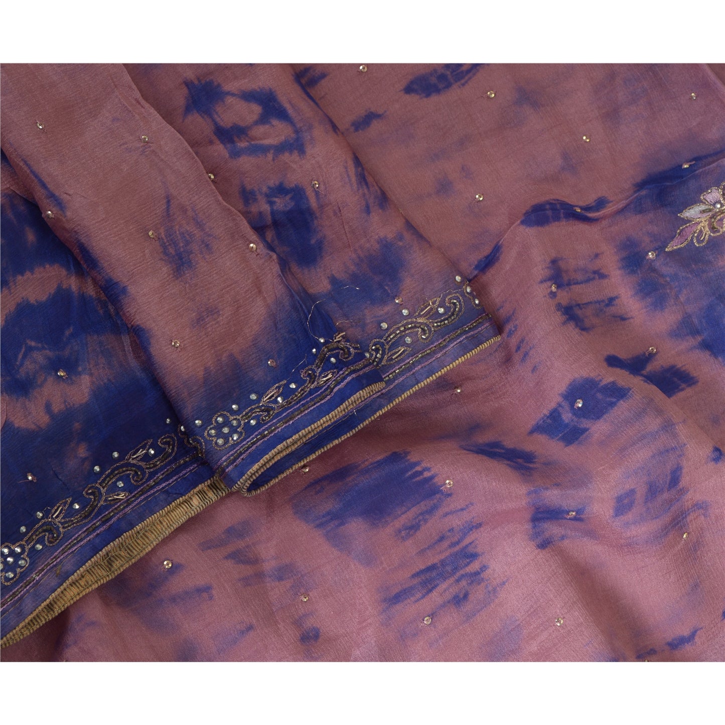 Sanskriti Vintage Pink/Blue Dupatta Long Stole Pure Silk Hand Beaded Tie-Dye