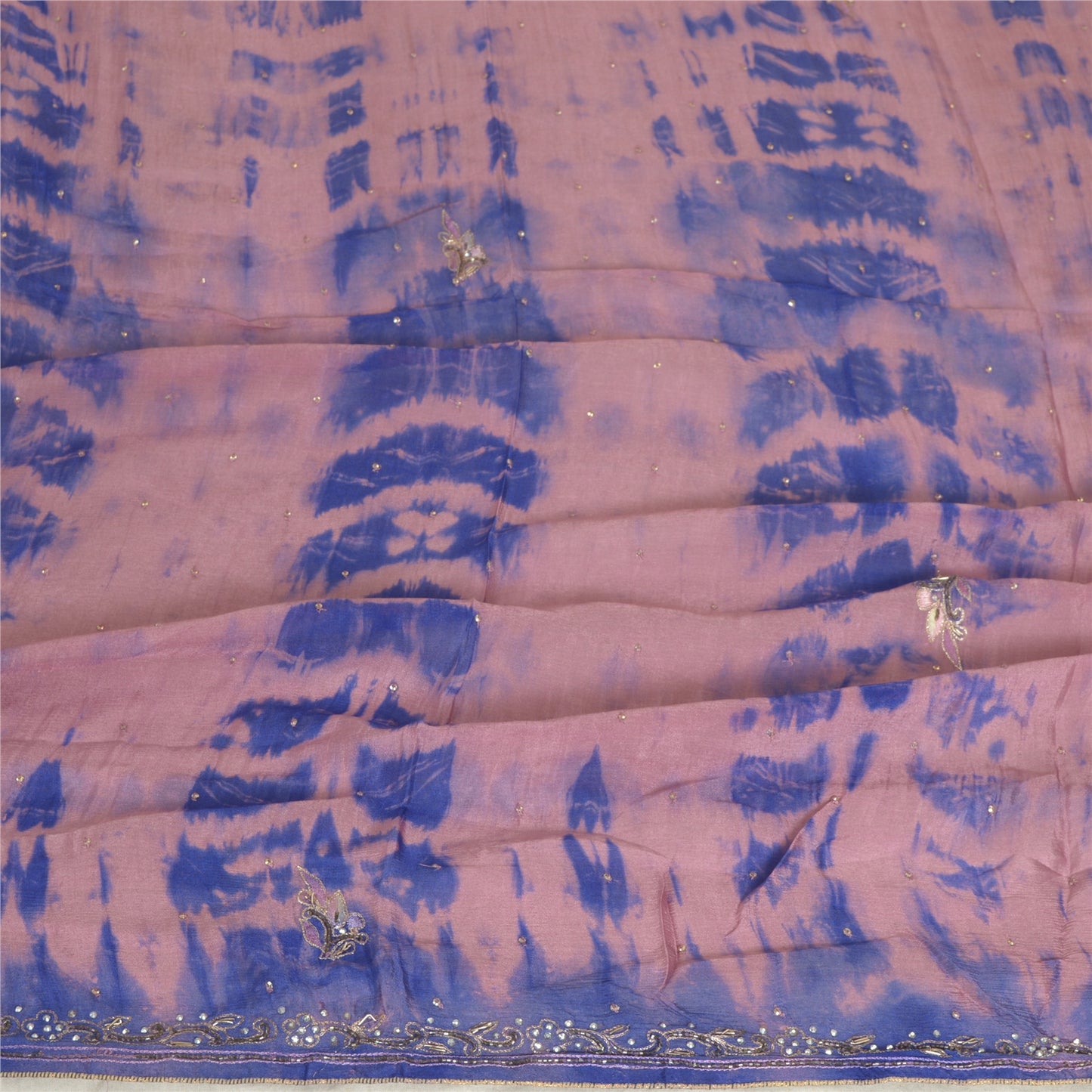 Sanskriti Vintage Pink/Blue Dupatta Long Stole Pure Silk Hand Beaded Tie-Dye