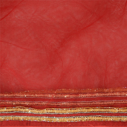 Sanskriti Vintage Red Long Dupatta Stole Net Mesh Hand Beaded Premium Wrap Veil