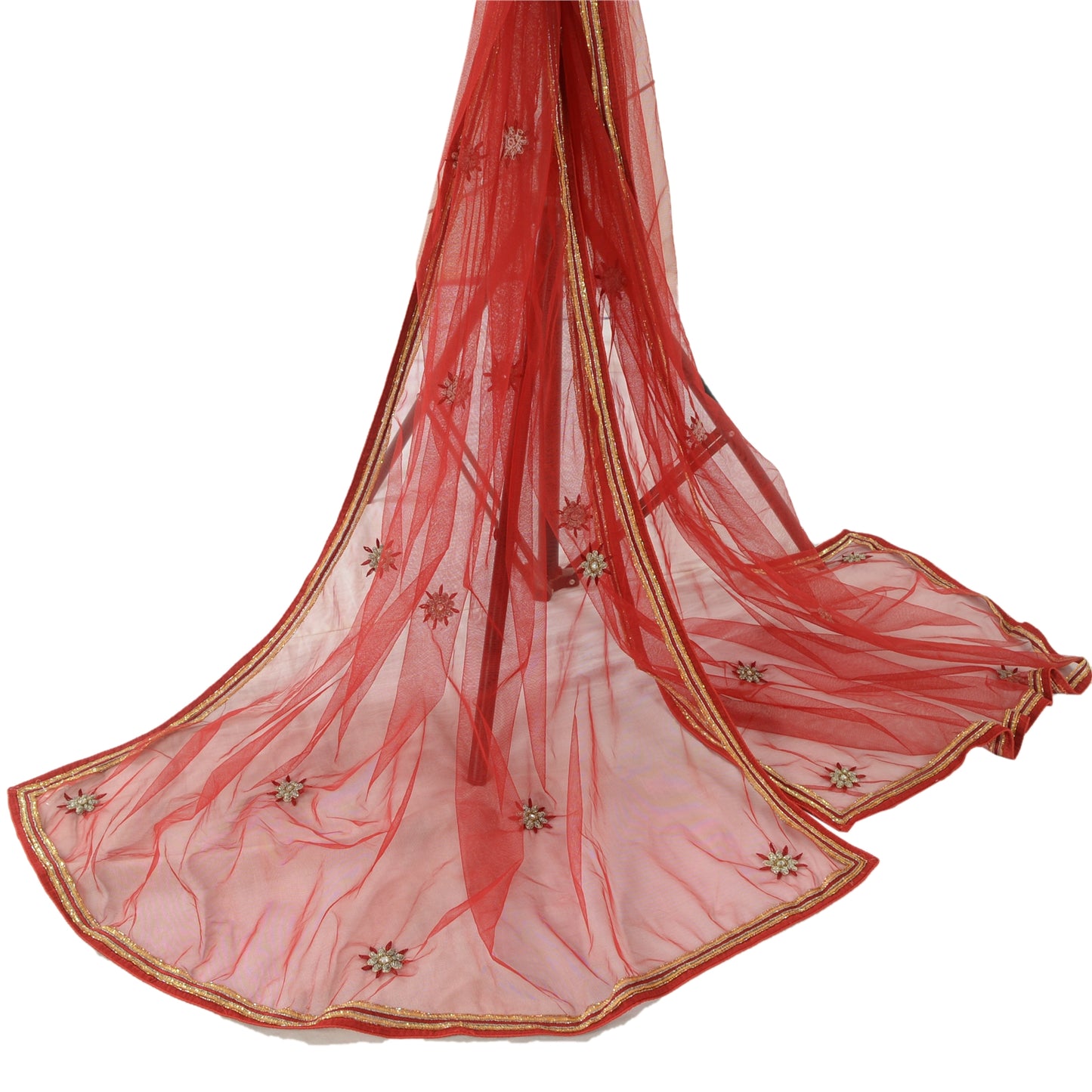 Sanskriti Vintage Red Long Dupatta Stole Net Mesh Hand Beaded Premium Wrap Veil