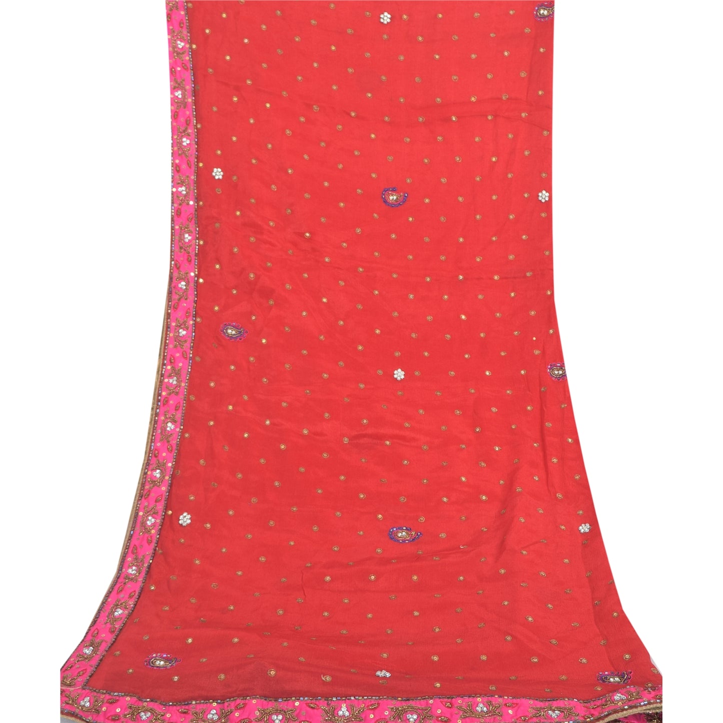 Sanskriti Vintage Red Dupatta Long Stole Pure Silk Hand Beaded Premium Wrap Veil