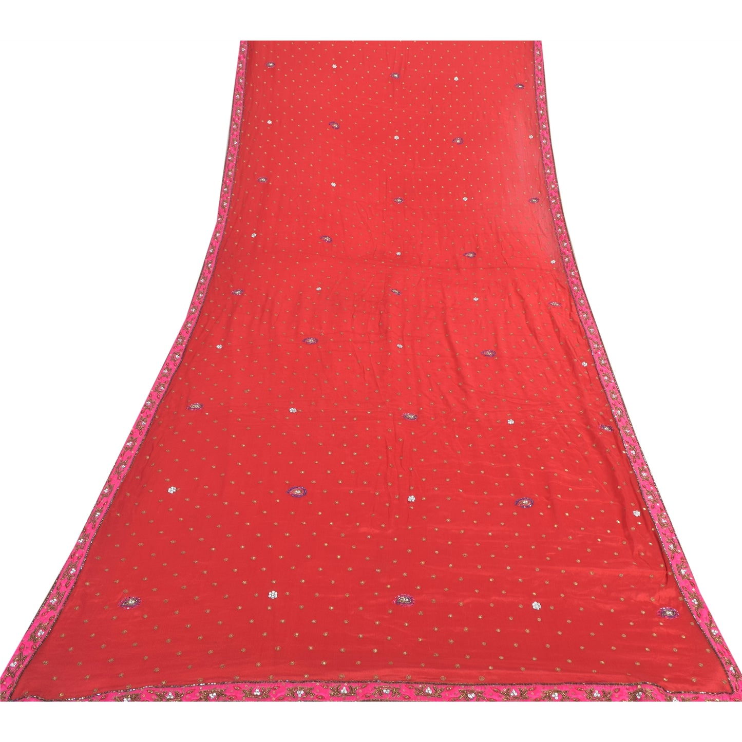 Sanskriti Vintage Red Dupatta Long Stole Pure Silk Hand Beaded Premium Wrap Veil