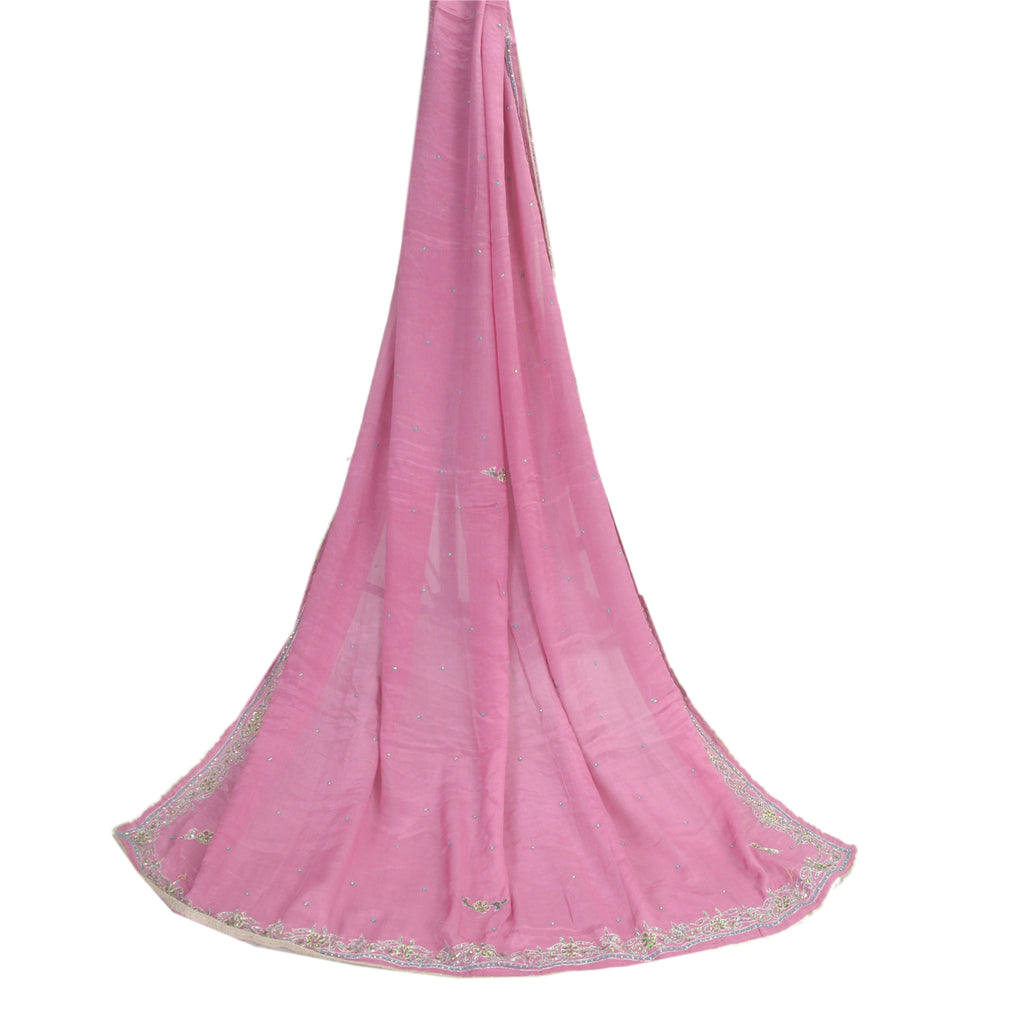 Sanskriti Vintage Dupatta Long Stole Pure Chiffon Silk Pink Hand Beaded Scarves