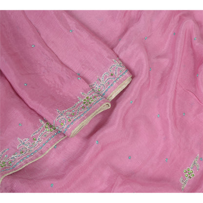 Sanskriti Vintage Dupatta Long Stole Pure Chiffon Silk Pink Hand Beaded Scarves