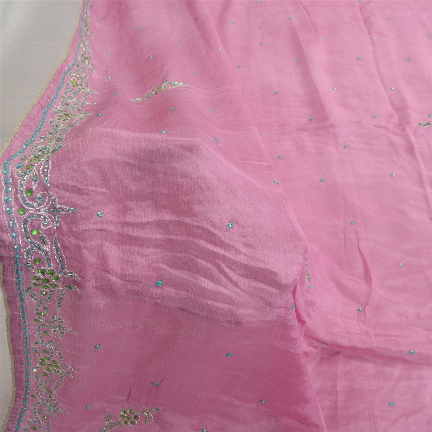 Sanskriti Vintage Dupatta Long Stole Pure Chiffon Silk Pink Hand Beaded Scarves