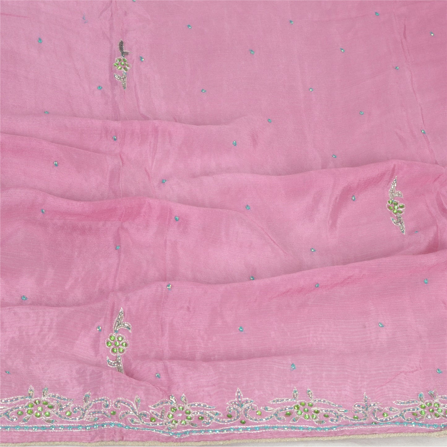 Sanskriti Vintage Dupatta Long Stole Pure Chiffon Silk Pink Hand Beaded Scarves