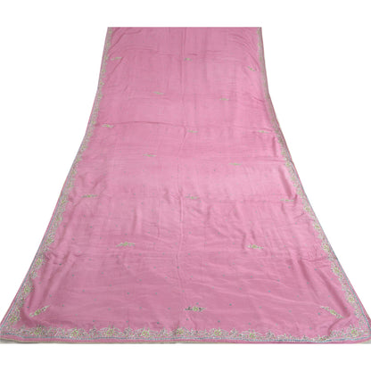 Sanskriti Vintage Dupatta Long Stole Pure Chiffon Silk Pink Hand Beaded Scarves