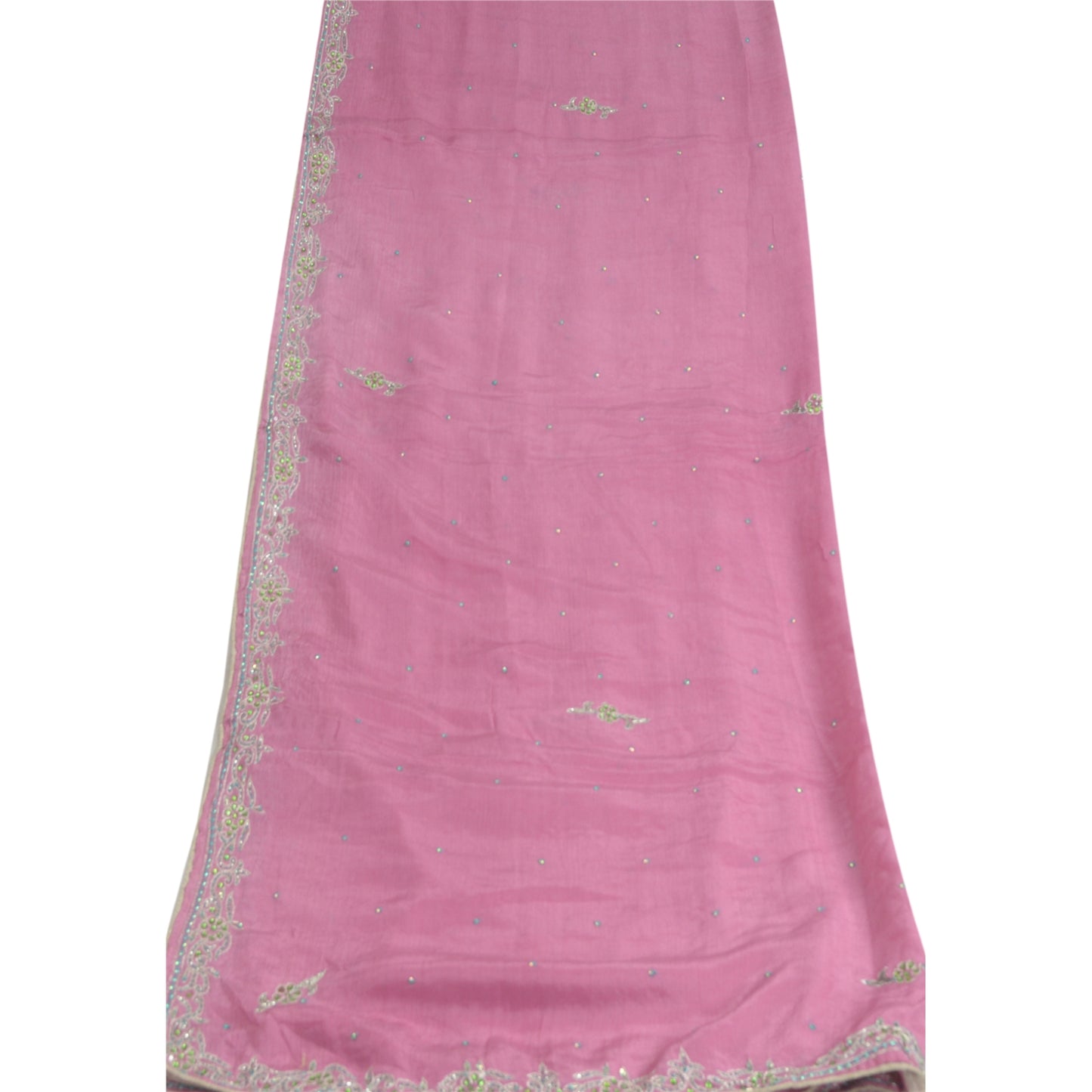 Sanskriti Vintage Dupatta Long Stole Pure Chiffon Silk Pink Hand Beaded Scarves