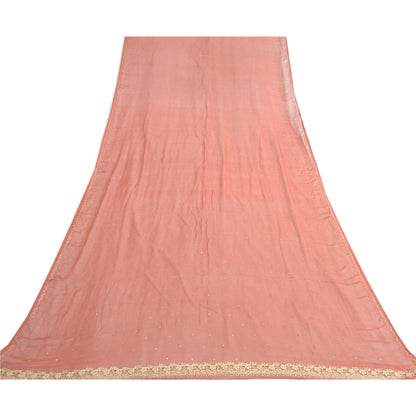 Sanskriti Vintage Dupatta Long Stole Pure Chiffon Silk Brick Red Hand Beaded