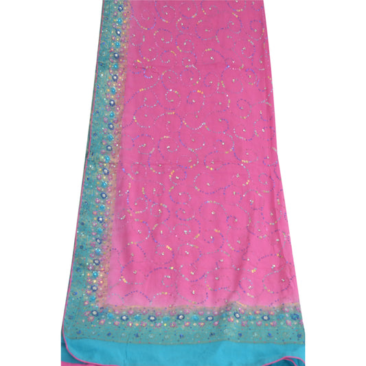 Sanskriti Vintage Dupatta Long Stole Pure Georgette Silk Blue/Pink Hand Beaded