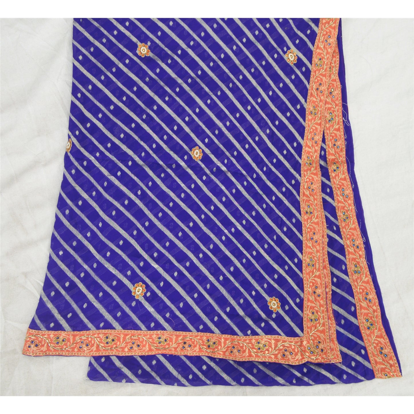 Sanskriti Vintage Dupatta Long Stole Georgette Blue Hand Beaded Woven Wrap Veil