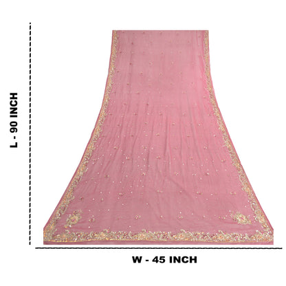 Sanskriti Vintage Dupatta Long Stole Pure Chiffon Silk Pink Hand Beaded Veil