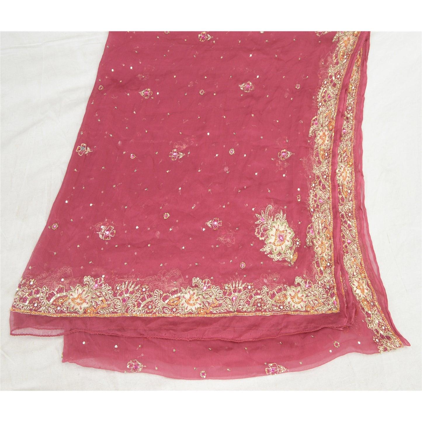 Sanskriti Vintage Dupatta Long Stole Pure Chiffon Silk Pink Hand Beaded Veil