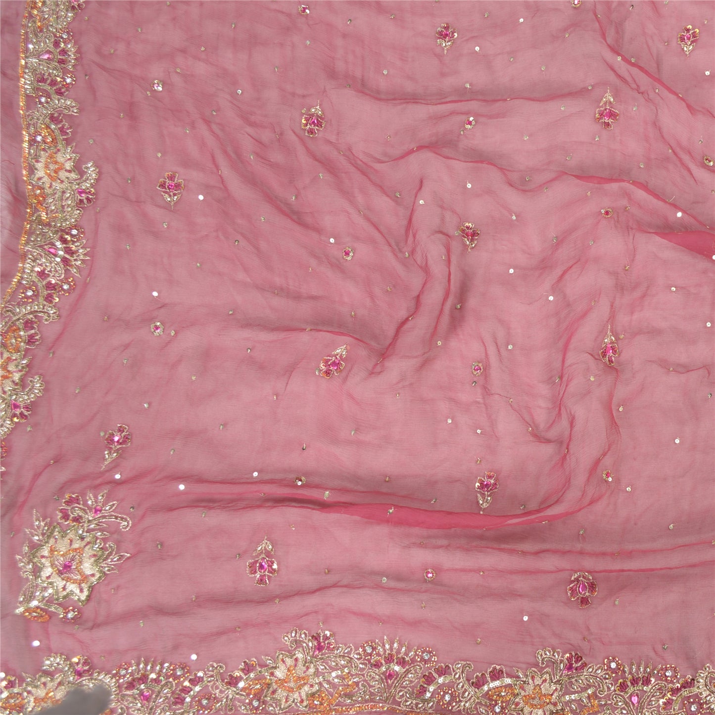 Sanskriti Vintage Dupatta Long Stole Pure Chiffon Silk Pink Hand Beaded Veil