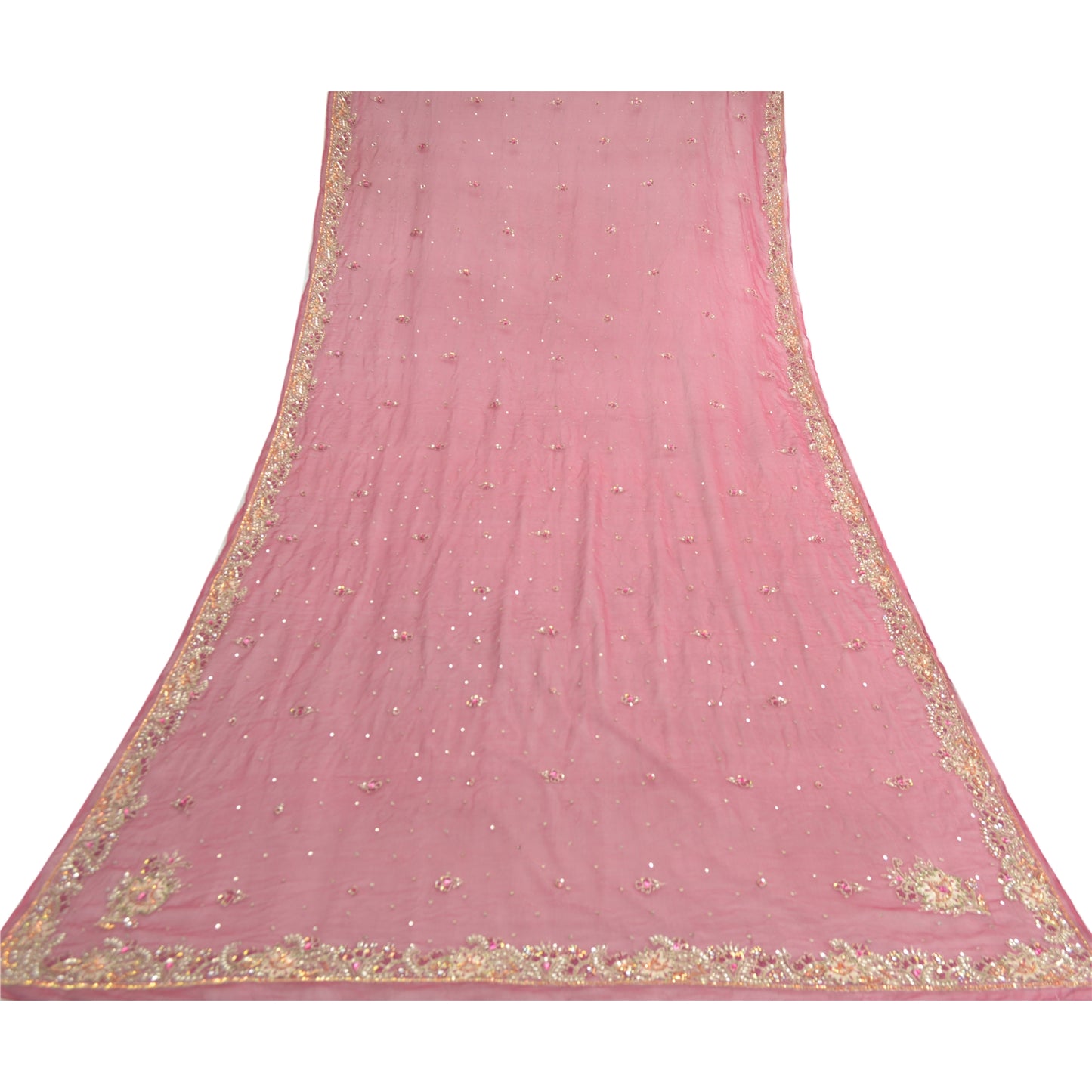 Sanskriti Vintage Dupatta Long Stole Pure Chiffon Silk Pink Hand Beaded Veil