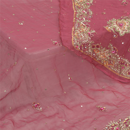 Sanskriti Vintage Dupatta Long Stole Pure Chiffon Silk Pink Hand Beaded Veil