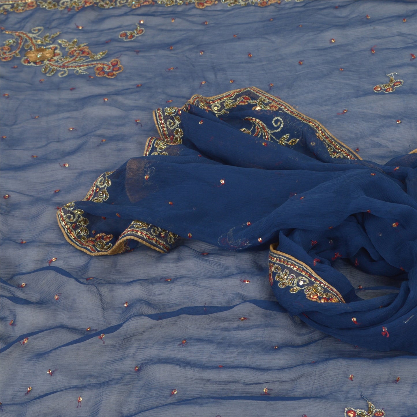 Sanskriti Vintage Dupatta Long Stole Pure Chiffon Silk Blue Hand Beaded Scarves