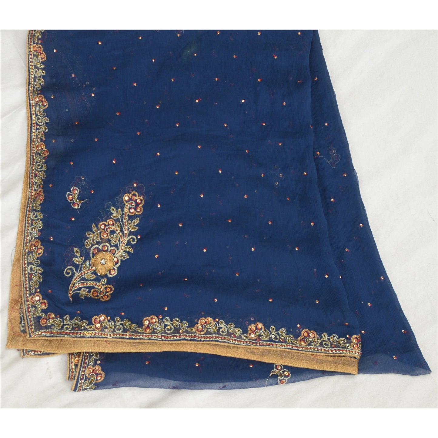 Sanskriti Vintage Dupatta Long Stole Pure Chiffon Silk Blue Hand Beaded Scarves