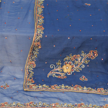 Sanskriti Vintage Dupatta Long Stole Pure Chiffon Silk Blue Hand Beaded Scarves