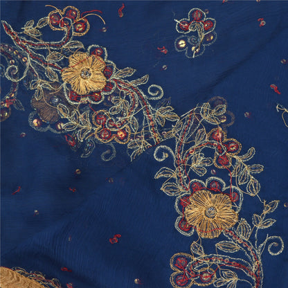 Sanskriti Vintage Dupatta Long Stole Pure Chiffon Silk Blue Hand Beaded Scarves