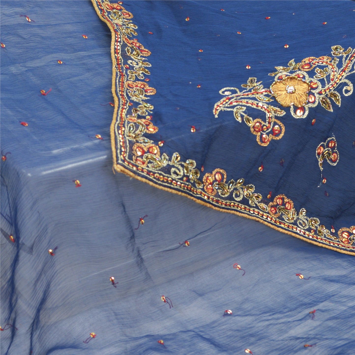 Sanskriti Vintage Dupatta Long Stole Pure Chiffon Silk Blue Hand Beaded Scarves